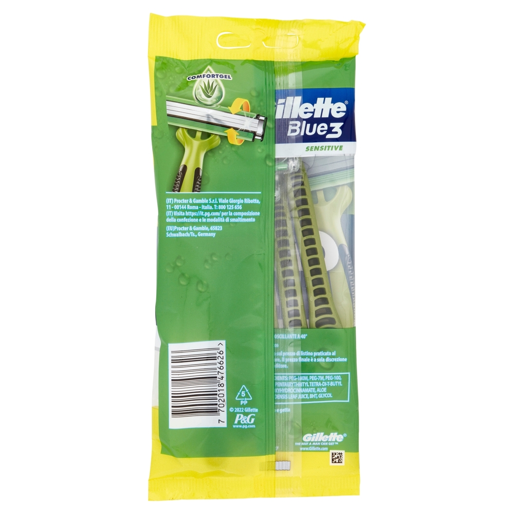 Gillette Rasoio Uomo Blue3 Sensitive Usa e Getta a 3 Lame, Confezione da 4 rasoi+1 Gratis = 5 Rasoi